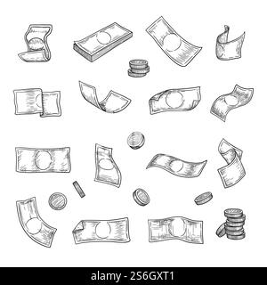 Soldi prelevati a mano. Le monete Argent finanziano capitale oro simboli di investimento raccolta vettoriale. Illustrazione denaro di investimento, banca disegno valuta contante. Soldi prelevati a mano. Le monete Argent finanziano capitale oro simboli di investimento raccolta vettoriale Illustrazione Vettoriale