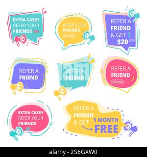 Badge segnala amico. Emblema promozionale geometrico grafico astratto concetto vettoriale adatto alle aziende. Segnala amico, badge di riferimento, segnalazione pubblicitaria consiglia illustrazione. Badge segnala amico. Emblema promozionale geometrico grafico astratto concetto vettoriale adatto alle aziende Illustrazione Vettoriale