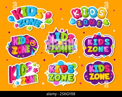 Logo zona bambini. Emblema colorato per la sala giochi per bambini, etichette in stile vettoriale. Illustrazione sala giochi ed etichetta del gioco, colorato per bambini. Logo zona bambini. Emblema colorato per la sala giochi per bambini, etichette in stile vettoriale Illustrazione Vettoriale