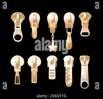 Golden Pulls. Componenti per indumenti in metallo. Elementi di fissaggio in tessuto dorato realistico, accessori per scarpe o borse illustrazione vettoriale. Cerniera in metallo per abbigliamento, chiusura alla moda. Golden Pulls. Componenti per indumenti in metallo. Elementi di fissaggio in tessuto dorato realistico, accessori per scarpe o borse illustrazione vettoriale Illustrazione Vettoriale