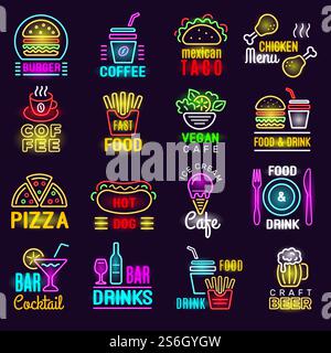 Prodotti neon. Emblema dell'illuminazione dei fast food per pubblicizzare il vettore di bevande per la pizza al bar. Insegna luminosa al neon, illustrazione del ristorante e della pizza cafè. Prodotti neon. Emblema dell'illuminazione dei fast food per pubblicizzare il vettore di bevande per la pizza al bar Illustrazione Vettoriale