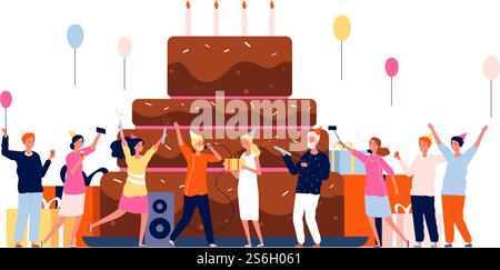 Gente con la torta. Personaggi delle feste di famiglia che ballano e giocano a sfondo vettoriale per feste di compleanno. Illustrazioni persone donna e uomo con festa per la torta. Gente con la torta. Personaggi delle feste di famiglia che ballano e giocano a sfondo vettoriale per feste di compleanno Illustrazione Vettoriale