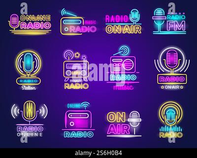 Neon radio. Trasmissione effetto bagliore logo colorato Music show emblema in studio vettore di trasmissione dal vivo. Simbolo della luce radio sull'aria o illustrazione del cartello luminoso. Neon radio. Trasmissione effetto bagliore logo colorato Music show emblema in studio vettore di trasmissione dal vivo Illustrazione Vettoriale