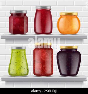 Scaffali per marmellate. Marmellata di frutta prodotti deliziosi fragole pesche albicocche in vaso di vetro realistiche marmellate illustrazioni. Marmellata di frutta, contenitore con marmellata che mangia delizioso. Scaffali per marmellate. Marmellata di frutta prodotti deliziosi fragole pesche albicocche in vaso di vetro realistiche marmellate illustrazioni Illustrazione Vettoriale