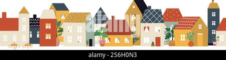 Schema stradale europeo. Ristorante, zona caffè, banner della facciata della casa. Quartiere pianeggiante, graziosi edifici e piante minuscole, casa o negozio, illustrazione della vista frontale. Città vecchia, edificio vettoriale. Schema stradale europeo. Ristorante, zona caffè, banner della facciata della casa. Quartiere pianeggiante, graziosi edifici e piante minuscole, casa o negozio, illustrazione della vista frontale Illustrazione Vettoriale
