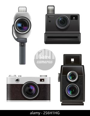 Fotocamere retrò. Set di immagini vettoriali di elettronica d'epoca professionali per foto e video. Foto della fotocamera, fotografia di vecchia tecnologia, illustrazione dell'obiettivo dell'attrezzatura. Fotocamere retrò. Set di immagini vettoriali di elettronica d'epoca professionali per foto e video Illustrazione Vettoriale