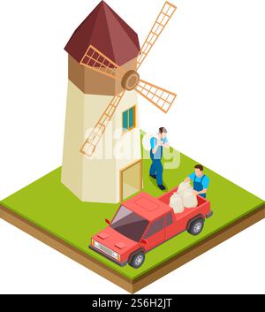 Millimetri isometrici Contadini, lavoratori con sacchi di farina. Uomini in uniforme agricola con illustrazione vettoriale rossa del carrello agricolo. Agricoltura agricoltura 3d, lavoratore porta il sacco. Millimetri isometrici Contadini, lavoratori con sacchi di farina. Uomini in uniforme agricola con illustrazione vettoriale rossa del carrello agricolo Illustrazione Vettoriale