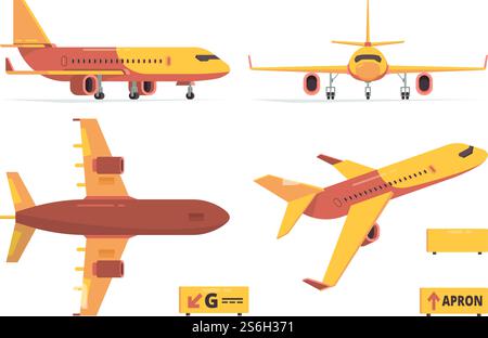 Aereo in piano. Aerei dell'aviazione civile viste diverse volano simboli collezione vettoriale. Illustrazione aviazione, aereo e aereo. Aereo in piano. Aerei dell'aviazione civile viste diverse volano simboli collezione vettoriale Illustrazione Vettoriale
