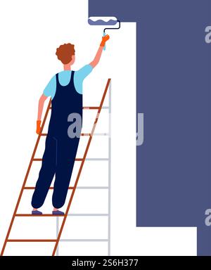 Lavoratore che dipinge il muro. Servizio di riparazione della casa in speciale costume professionale in piedi su scala e ristrutturazione della pittura vettore della stanza della casa. Muraglia di pittura per illustratori, tutore del lavoro. Lavoratore che dipinge il muro. Servizio di riparazione della casa in speciale costume professionale in piedi su scala e ristrutturazione della pittura vettore della stanza della casa Illustrazione Vettoriale