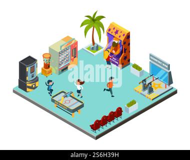 Concetto di zona di gioco. Centro giochi, sala per bambini con macchine da gioco, simulatore arcade, campo di tiro da hockey, posizione isometrica vettoriale. Sala giochi con illustrazione, parco giochi con gioco ricreativo. Concetto di zona di gioco. Centro giochi, sala per bambini con macchine da gioco, simulatore arcade, campo di tiro da hockey, posizione isometrica vettoriale Illustrazione Vettoriale