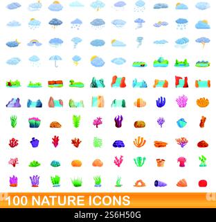 set di 100 icone della natura. Illustrazione a cartoni animati di 100 icone della natura insieme di vettori isolati su sfondo bianco. set di 100 icone della natura, stile cartone animato Illustrazione Vettoriale