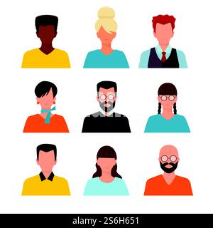 Immagini del profilo. Avatar ID o cv di teste maschili e femminili con caratteri vettoriali impostati in stile piatto. Avatar femmina maschio, foto delle persone immagine del profilo utente. Immagini del profilo. Avatar ID o cv di teste maschili e femminili con caratteri vettoriali impostati in stile piatto Illustrazione Vettoriale