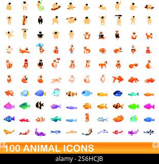 set di 100 icone animali. Illustrazione a cartoni animati di 100 icone di animali insieme di vettori isolati su sfondo bianco. set di 100 icone animali, stile cartone animato Illustrazione Vettoriale