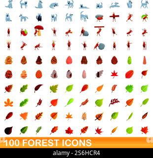 set di 100 icone di foresta. Illustrazione a cartoni animati di 100 icone di foresta insieme di vettori isolati su sfondo bianco. set di 100 icone della foresta, stile cartoni animati Illustrazione Vettoriale