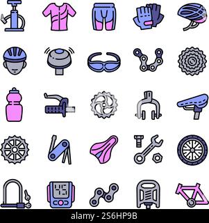 Set di icone delle attrezzature ciclabili. Contorno delle icone vettoriali delle attrezzature ciclabili per la progettazione Web isolate su sfondo bianco. Set di icone delle attrezzature da ciclismo, stile del contorno Illustrazione Vettoriale