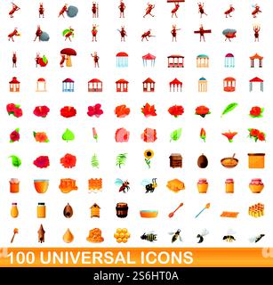 set di 100 icone universali. Illustrazione a cartoni animati di 100 icone vettoriali universali isolate su sfondo bianco. set di 100 icone universali, stile cartone animato Illustrazione Vettoriale