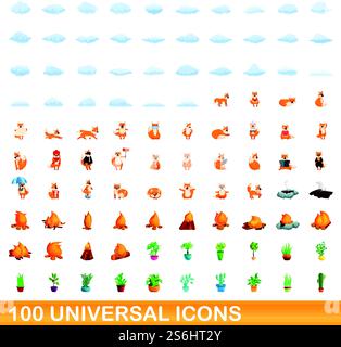 set di 100 icone universali. Illustrazione a cartoni animati di 100 icone vettoriali universali isolate su sfondo bianco. set di 100 icone universali, stile cartone animato Illustrazione Vettoriale