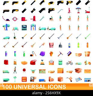 set di 100 icone universali. Illustrazione a cartoni animati di 100 icone vettoriali universali isolate su sfondo bianco. set di 100 icone universali, stile cartone animato Illustrazione Vettoriale