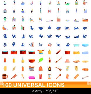 set di 100 icone universali. Illustrazione a cartoni animati di 100 icone vettoriali universali isolate su sfondo bianco. set di 100 icone universali, stile cartone animato Illustrazione Vettoriale