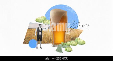Design grafico moderno. Bicchiere di birra con schiuma, luppolo, campo di grano e figura bavarese, che unisce il fascino tradizionale del festival con l'atmosfera rustica del venerdì sera Foto Stock