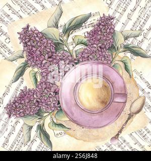 Una composizione con fiori di lilla, un cucchiaino vintage con fiocco di raso, tè e una tazza di tazza su un tovagliolo in pizzo. Illustrazione acquerello isolata su Foto Stock