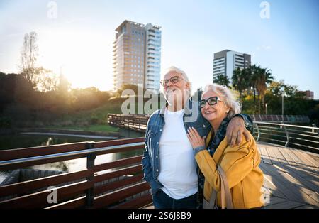 Coppia senior che cammina braccio in braccio, sorride al tramonto in un parco, godendo di un momento romantico e tranquillo Foto Stock