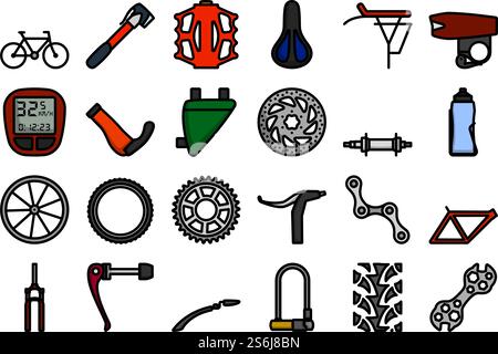 Set di icone bici. Contorno grassetto modificabile con disegno riempimento colore. Illustrazione vettoriale. Illustrazione Vettoriale