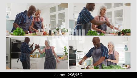 Immagine di quattro fotogrammi con una coppia di anziani felici che cucinano a casa su sfondo grigio Foto Stock