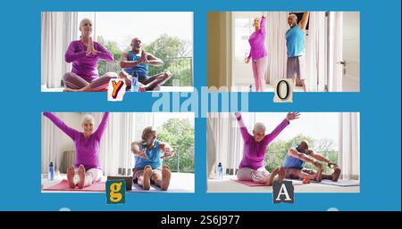 Immagine di quattro cornici con coppie senior diverse che praticano yoga a casa su sfondo blu Foto Stock