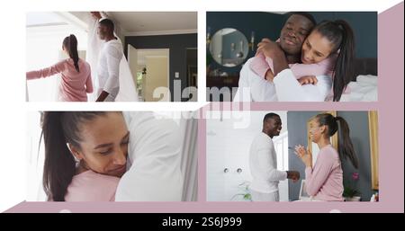 Immagine di quattro fotogrammi con felice coppia birazziale a casa su sfondo bianco e rosa Foto Stock