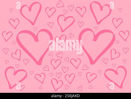 Post romantico sui social media per San Valentino. Illustrazione con disposizione piatta del motivo del cuore su sfondo rosa con spazio vuoto per il testo. Foto Stock