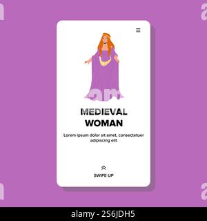 Donna medievale che indossa un elegante Dress Vector. Donna medievale in abiti antichi alla moda e accessori di lusso. Personaggio Lady che balla su Ball Dance Party Web illustrazione a fumetti. Donna medievale che indossa un elegante Dress Vector Illustrazione Vettoriale