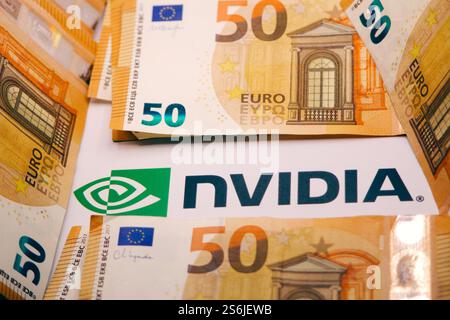 17 gennaio 2025, Firenze Italia, in questa foto illustrazione, logo Envidia con banconote in euro. Foto Stock