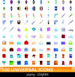 set di 100 icone universali. Illustrazione a cartoni animati di 100 icone vettoriali universali isolate su sfondo bianco. set di 100 icone universali, stile cartone animato Illustrazione Vettoriale