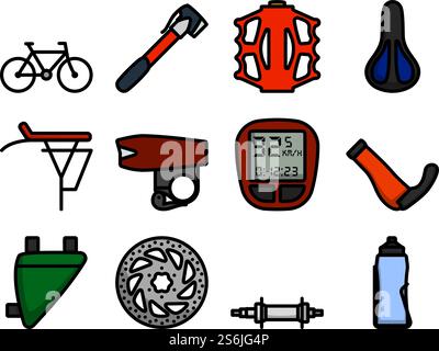 Set di icone bici. Contorno grassetto modificabile con disegno riempimento colore. Illustrazione vettoriale. Illustrazione Vettoriale