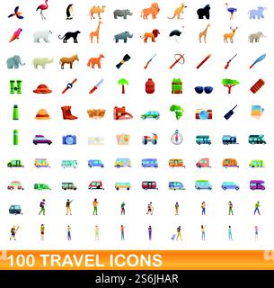 set di 100 icone di viaggio. Illustrazione a cartoni animati di 100 icone di viaggio con set di vettori isolato su sfondo bianco. set di 100 icone di viaggio, stile cartoni animati Illustrazione Vettoriale