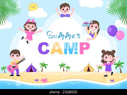 Happy Summer Camp in montagna o in spiaggia per escursioni, viaggi, esplorazioni e attività ricreative all'aperto. Illustrazione di sfondo orizzontale Illustrazione Vettoriale