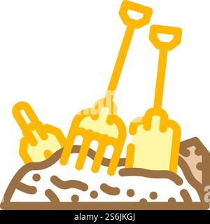 forcone e pala sull'icona vettoriale del colore del cumulo di compost. forcone e pala sul cartello del cumulo di compost. illustrazione del simbolo isolato. illustrazione vettoriale dell'icona del colore del pelo del compost e del forcone Illustrazione Vettoriale