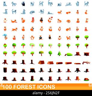 set di 100 icone di foresta. Illustrazione a cartoni animati di 100 icone di foresta insieme di vettori isolati su sfondo bianco. set di 100 icone della foresta, stile cartoni animati Illustrazione Vettoriale