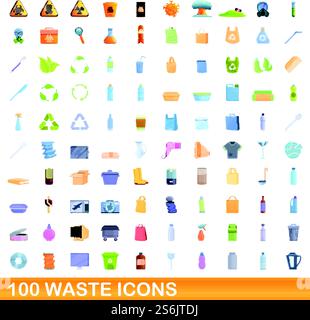 100 set di icone dei rifiuti. Illustrazione a cartoni animati di 100 icone dei rifiuti, insieme di vettori isolato su sfondo bianco. set di 100 icone dei rifiuti, stile cartone animato Illustrazione Vettoriale