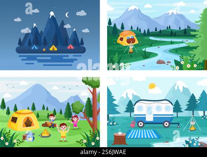 Happy Summer Camp in montagna per le spedizioni, i viaggi, le esplorazioni e le attività ricreative all'aperto. Illustrazione sfondo orizzontale Illustrazione Vettoriale