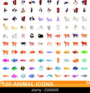set di 100 icone animali. Illustrazione a cartoni animati di 100 icone di animali insieme di vettori isolati su sfondo bianco. set di 100 icone animali, stile cartone animato Illustrazione Vettoriale