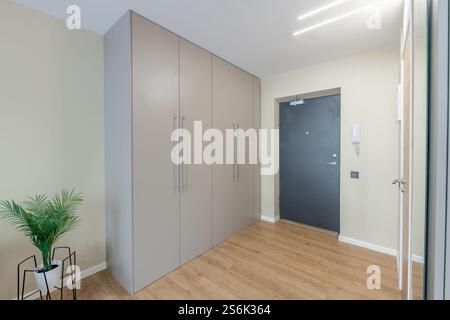 Hall d'ingresso principale. Interno. Porta esterna nera in legno, pavimento marrone. Minimalismo. Luce LED. Guardaroba completo. Grandangolo Foto Stock