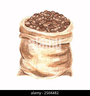 Chicchi di caffè tostati in sacco di iuta. Sacchetto pieno di canapa. Illustrazione ad acquerello disegnata a mano, isolata. Borsa in tela per conservare cereali e semi. Testurizzato Foto Stock