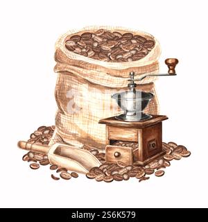 Chicchi di caffè tostati in sacco di iuta. Macinacaffè e paletta in legno. Sacchetto pieno di canapa e tritatutto manuale sui semi di caffè sparsi. Acquerello disegnato a mano Foto Stock