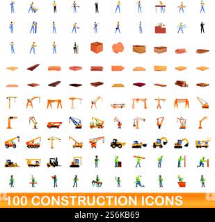 100 set di icone di costruzione. Illustrazione a cartoni animati di 100 icone di costruzione insieme di vettori isolati su sfondo bianco. set di 100 icone di costruzione, stile cartoni animati Illustrazione Vettoriale