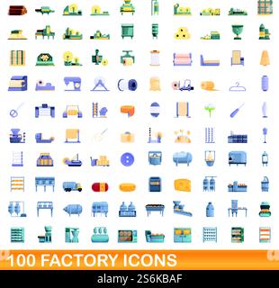 100 icone di fabbrica impostate. Illustrazione a cartoni animati di 100 icone di fabbrica con set vettoriale isolato su sfondo bianco. set di 100 icone di fabbrica, stile cartone animato Illustrazione Vettoriale