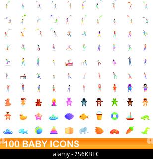 set di 100 icone per bambini. Illustrazione a cartoni animati di 100 icone per bambini, con set vettoriale isolato su sfondo bianco. set di 100 icone per bambini, stile cartone animato Illustrazione Vettoriale