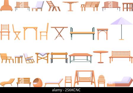 Set di icone per mobili da esterno. Cartoni animati con icone vettoriali per mobili da esterno per il web design. Set di icone per mobili da esterno, in stile cartoni animati Illustrazione Vettoriale