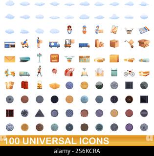 set di 100 icone universali. Illustrazione a cartoni animati di 100 icone vettoriali universali isolate su sfondo bianco. set di 100 icone universali, stile cartone animato Illustrazione Vettoriale
